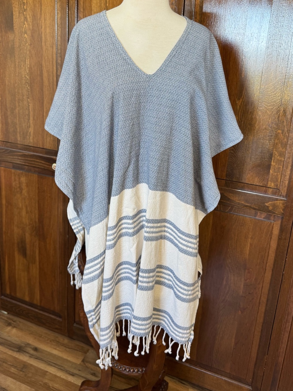 Tribe Alive Handmade Cotton Fringe Poncho Caftan Blue Cream XL